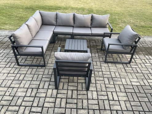 Fimous Aluminium Garden Furniture Set Outdoor Lounge Corner Sofa 2 Pcs Chair Square Coffee Table Sets Dark Grey 8 Seater