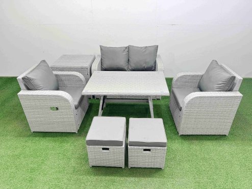 Fimous Light Grey PE Wicker Rattan Garden Furniture Set Sofa Set Reclining Chair Love Sofa Rectangular Dining Table 2 Small Stools Side Table