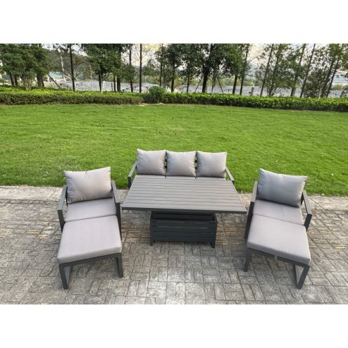 Fimous 8-Piece Aluminium Garden Furniture Sets 7 Seater Outdoor Sofa Set with Adjustable Rising Lifting Dining Table 2 Chairs 2 Small Footstools 2 Side Tables