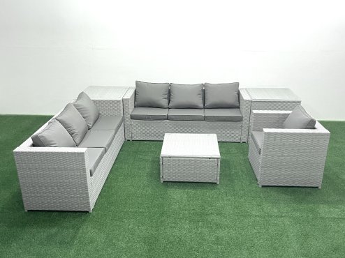 Fimous Wicker PE Rattan Sofa Garden Furniture Set with Armchair Square Coffee Table 2 Side Tables Light Grey Mixed