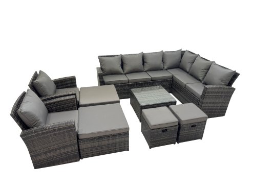 Fimous Rattan Garden Outdoor Furniture Set 12 Seater Garden Sofa Coffee Table Set with 2 Chairs 4 Footstools Dark Grey Mixed
