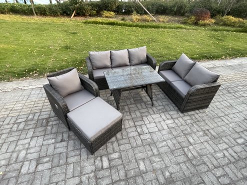 Fimous Outdoor Rattan Garden Furniture Set 7 Seater Patio Lounge Sofa Set with Dining Table Big Footstool Dark Grey Mixed