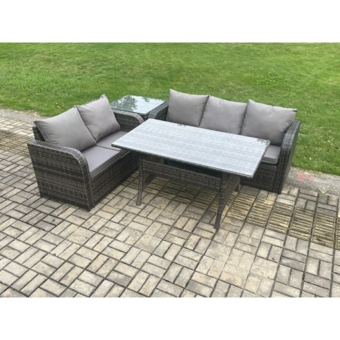 Fimous Outdoor Garden Patio Furniture Wicker Rattan Oblong Rectangular Dining Table and Lounge Sofa set with Side Table Dark Grey Mixed