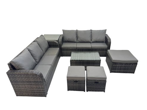 Fimous Outdoor 3 Seater Sofa Coffee Table Set Garden Rattan Furniture Set 9 Seater with 3 Stool Side Table Dark Grey