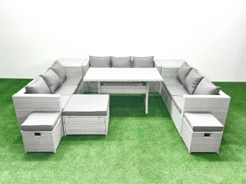 Fimous Rattan Garden Outdoor Furniture Set 12 Seater Garden Sofa Rectangulr Dining Table Set with 3 Footstools 2 Side Tables Light Grey Mixed
