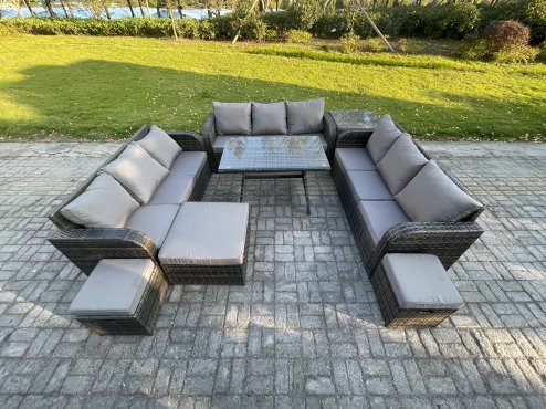 Fimous 12 Seater Wicker Rattan Garden Furniture Set with Rectangular Dining Table Side Table 3 Footstools Patio Outdoor Lounge Sofa Set