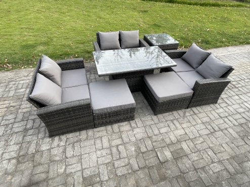 Fimous Wicker PE Rattan Garden Furniture Set Height Adjustable Rising Lifting Table Sofa Dining Set with Double Seat Sofa 2 Big Footstool Side Table Dark Grey Mixed