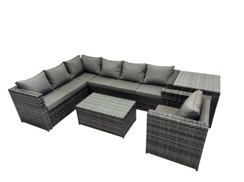 Fimous Outdoor Rattan Rectangular Coffee Table Corner Sofa Sets Garden Furniture Set with Side Table Dark Grey Mixed