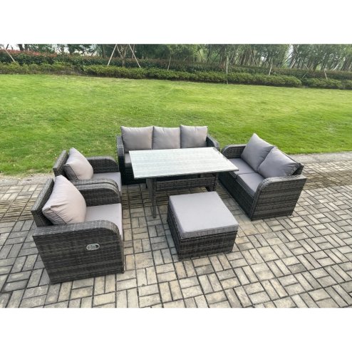 Fimous Dark Grey PE Wicker Rattan Garden Furniture Set Reclining Chair Love Sofa 2 Seater Sofa Set Outdoor Rectangular Dining Table Big Stools 8 Seater