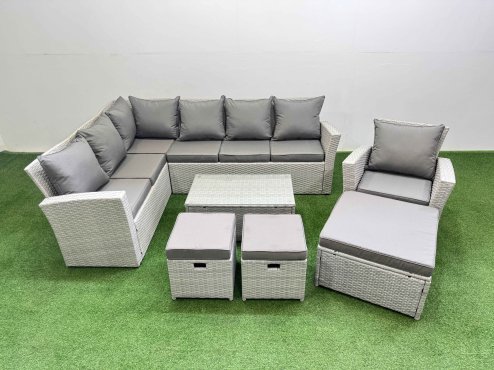 Fimous 10 Seater Garden Outdoor PE Rattan Furniture Set Rattan Garden Sofa Set with 3 Footstools Light Grey Mixed