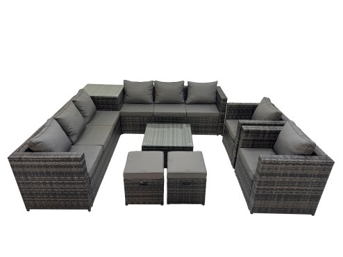 Fimous Garden Rattan Outdoor Furniture Set 10 Seater Patio Corner Sofa Coffee Table with 2 Small Stool Side Table Dark Grey