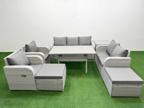 Fimous PE Rattan Garden Furniture Set Reclining Chair Sofa Double Love Seat 2 Seater Sofa Lounge Set Rectangular Dining Table 2 Big Footstool Side Table Light Grey