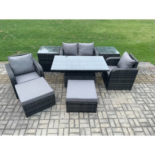 Fimous Rattan Furniture Outdoor Garden Dining Sets Patio Height Adjustable Rising lifting Table Love Sofa Chair Set With 2 Side Tables Stools