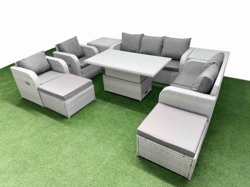 Fimous PE Rattan Garden Furniture Set Reclining Chair Sofa Double Love Seat 2 Seater Sofa Lounge Set Adjustable Lifting Dining or Coffee Table 2 Big Footstool 2 Side Table Light Grey
