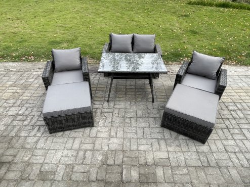 Fimous Garden Dining Set Wicker PE Rattan Outdoor Furniture Sofa with Rectangular Dining Table Double Seat Sofa 2 Big Footstool 2 Armchairs Dark Grey Mixed