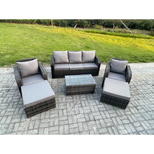 Fimous Wicker PE Rattan Garden Furniture Set 7 Seater Outdoor Lounge Sofa Set with Coffee Table 2 Big Footstool Dark Grey Mixed