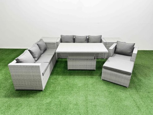 Fimous 7 PCs Rising Dining Table Set Rattan Furniture Set with 3 Seater Sofa Chair 2 Side Tables Big Footstool Light Grey
