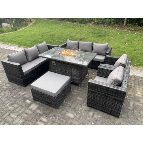 Fimous 9 Seater Outdoor PE Rattan Garden Furniture Set Gas Fire Pit Dining Table Gas Heater Burner With Sofa Armchairs Big Footstool Dark Grey Mixed