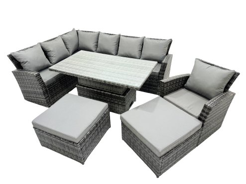 Fimous Poly Rattan Outdoor Patio Height Adjustable Rising Lifting Table Corner Sofa Set with 2 Big Stool,Chair for Garden Backyard Dark Grey Mixed