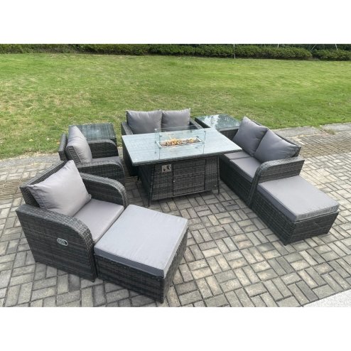 Fimous 8 Seater Rattan Garden Furniture Set Outdoor Propane Gas Fire Pit Table and Sofa Chair set with 2 Side Tables 2 Big Footstool