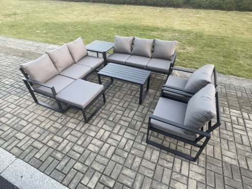 Fimous Aluminium Outdoor Garden Furniture Set 9 Seater Garden Sofa with Oblong Coffee Table Big Footstool Side Table Dark Grey