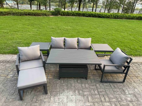 Fimous 6-Piece Aluminium Garden Furniture Sets 6 Seater Outdoor Sofa Set with Adjustable Rising Lifting Dining Table 2 Chairs Big Footstool Side Table
