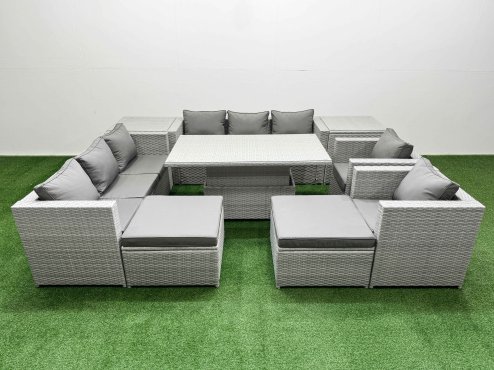 Fimous 9 PCs Rising Dining Table Set Rattan Furniture Set with 3 Seater Sofa Chair 2 Big Footstools 2 Side Tables Light Grey