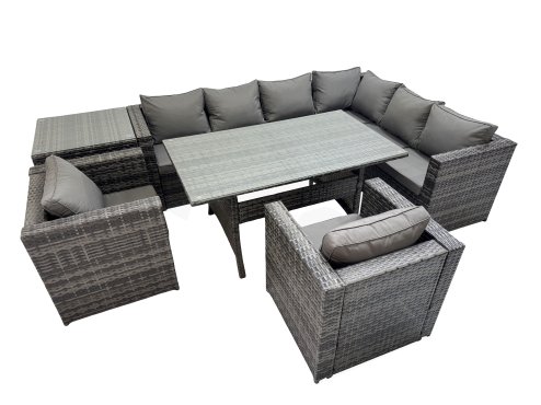 Fimous Rattan Garden Furniture Set Outdoor 8 Seater Patio Dining Corner Sofa Sets with Dining Table 2 Chairs Side Table Dark Grey Mixed