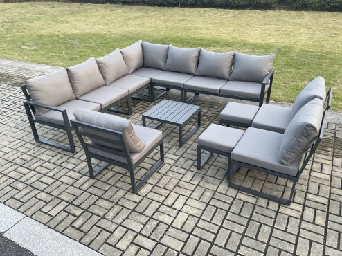 Fimous 12 Seater Outdoor Aluminium Garden Furniture Set Corner Lounge Sofa Set with Square Coffee Table 2 Small Footstools Dark Grey