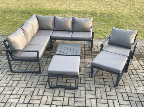Fimous Outdoor Garden Furniture Set Aluminium Lounge Sofa Square Coffee Table Sets with Chair 2 Big Footstools Indoor Conservatory Set Dark Grey