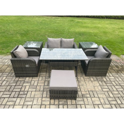 Fimous Outdoor Rattan Garden Furniture Lounge Sofa Set With Oblong Rectangular Dining Table 2 PC Reclining Chair 2 PC Side Table Big Footstool