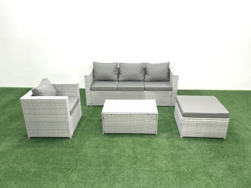 Fimous Rattan Garden Furniture Set with 3 Seater Sofa Chair Rectangular Coffee Table Big Footstool Light Grey Mixed 5 Seater