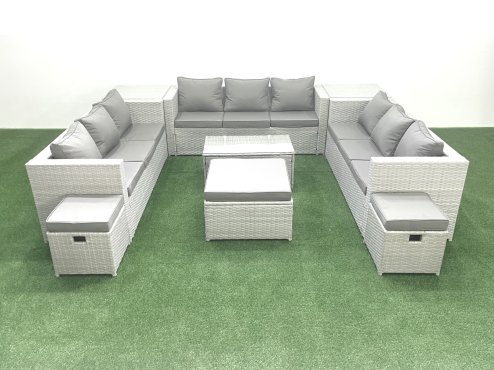 Fimous Rattan Garden Outdoor Furniture Set 12 Seater Garden Sofa Coffee Table Set with 3 Footstools 2 Side Tables Light Grey Mixed