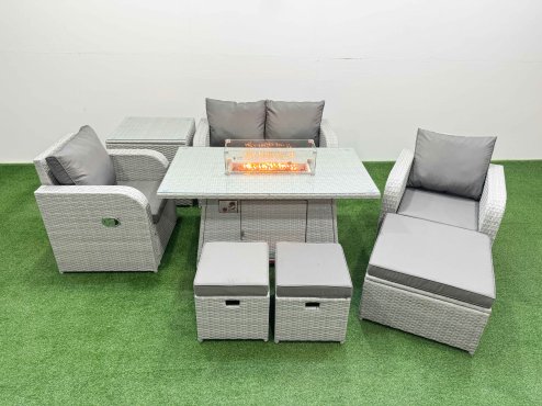 Fimous Light Grey PE Wicker Rattan Garden Furniture Set Sofa Set Reclining Chair Firepit Dining Table 7 Seater 3 Stools Side Table