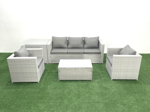 Fimous Rattan Garden Furniture Set with 3 Seater Sofa 2 Chair Rectangular Coffee Table Side Table Light Grey Mixed 5 Seater