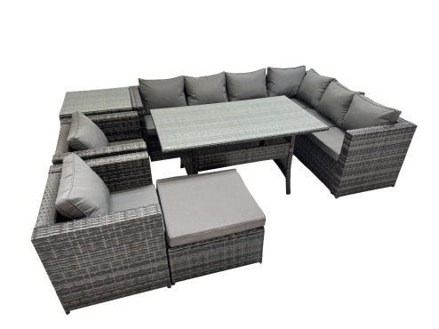 Fimous Rattan Garden Furniture Set Outdoor 9 Seater Patio Dining Corner Sofa Sets with Dining Table 2 Chairs Big Stool Side Table Dark Grey Mixed