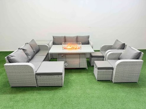 Fimous PE Rattan High Back Lounge Sofa Set Patio Firepit Dining Table & Chairs Set with 3 Seater Sofa Reclining Chair 3 Stools Side Table Light Grey