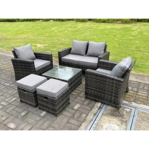 Fimous 6 Seater Dark Grey Mixed High Back Rattan Sofa Set Square Coffee Table Garden Furniture Outdoor 2 Stools