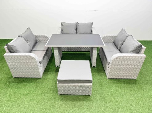 Fimous 7 Seater Patio Garden Furniture Sets with Black Glass Top Dining Table Love Sofa Big Stool Light Grey