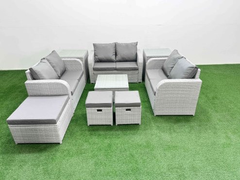 Fimous 9 Seater PE Wicker Rattan Furniture Sofa Sets with Square Coffee Table 2 Seater Love Sofa 3 Stool 2 Side Table Light Grey Image