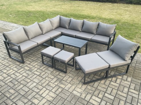 Fimous Aluminium 11 Seater Patio Outdoor Garden Furniture Lounge Corner Sofa Set with Oblong Coffee Table 3 Footstools Dark Grey