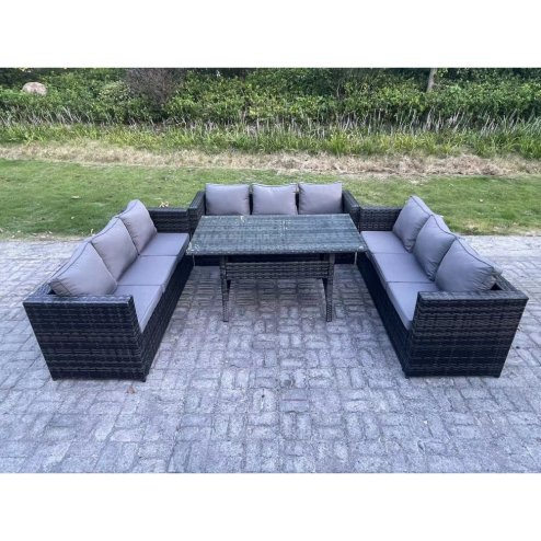 Fimous 9 Seater Outdoor Wicker Garden Furniture Rattan Lounge Sofa Set Patio Rectangular Dining Table Three Seater Sofa Dark Grey Mixed
