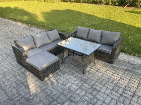 Fimous 7 Seater Garden Furniture Sofa Set Rectangular Dining Table Big Footstool Indoor Outdoor Rattan Set Dark Grey Mixed