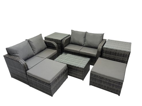 Fimous Outdoor Love Sofa Coffee Table Set Garden Rattan Furniture Set 6 Seater with 2 Side Tables 2 Big Stools Dark Grey