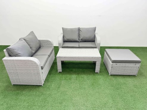 Fimous 5 Seater Outdoor Love Sofa Set Rattan Garden Furniture Set with Oblong Coffee Table Big Footstool Light Grey Image