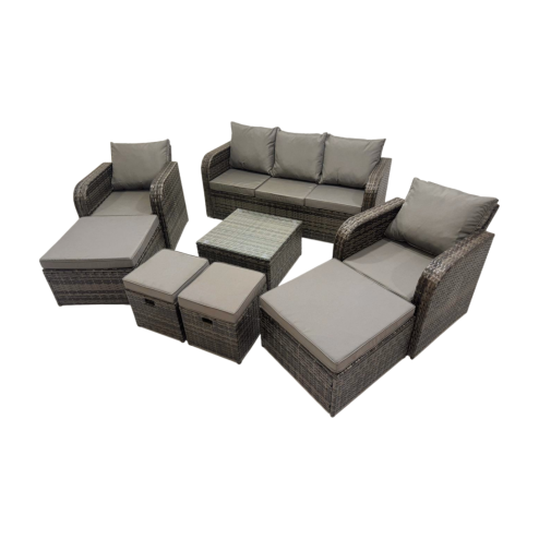 Fimous 3 Seater Sofa Reclining Chair Coffee Table Set Rattan Garden Outdoor Furniture Set with 4 Stools Dark Grey Mixed