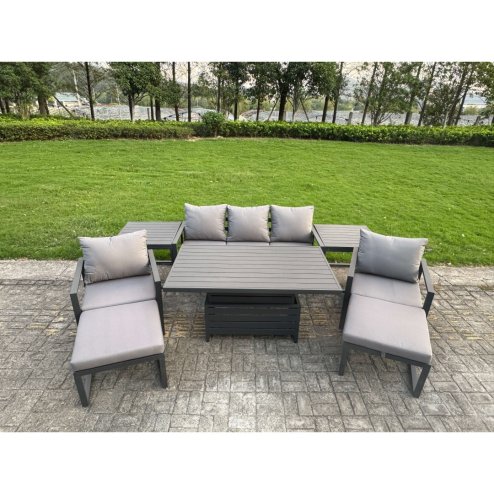 Fimous 7-Piece Aluminium Garden Furniture Sets 7 Seater Outdoor Sofa Set with Adjustable Rising Lifting Dining Table 2 Chairs 2 Big Footstools Side Table