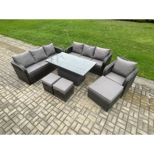 Fimous Outdoor Rattan Garden Furniture Sets Height Adjustable Rising lifting Dining Table Sofa Set with Reclining Chair 3 Footstools Dark Grey Mixed