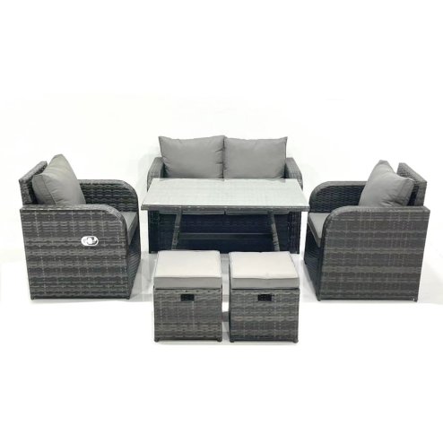 Fimous Outdoor Garden Furniture Set Rattan Sofa Dining Table Set with Reclining Chair 2 Small Footstool Dark Grey Mixed