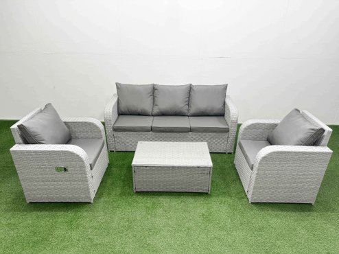 Fimous PE Rattan Garden Furniture Set Reclining Chair Sofa Lounge Sofa Set Oblong Coffee Table Light Grey